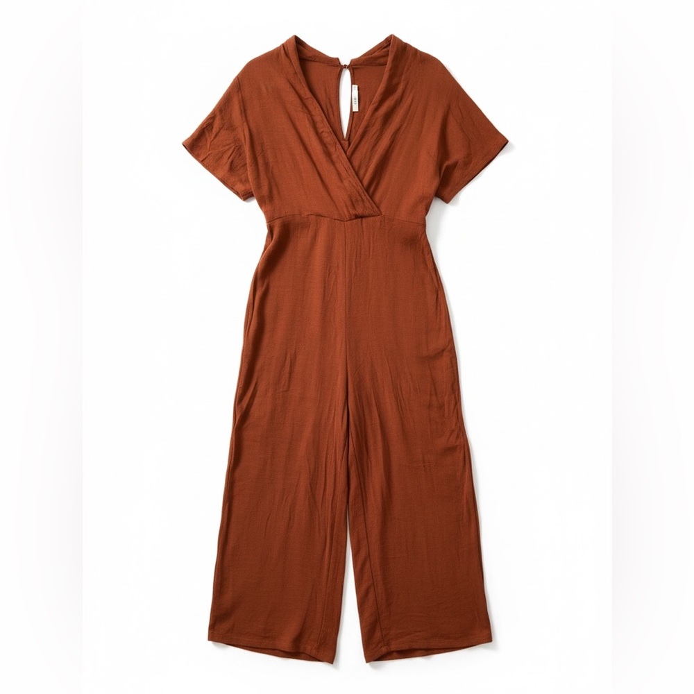Lush Rust Brown Short Sleeve Wide-Leg Jumpsuit(see photos for small hole)